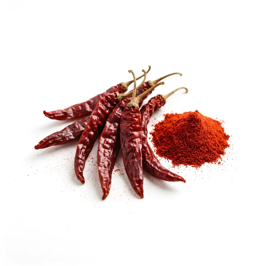 Whole dried Byadagi chillies beside a mound of ground chilli powder